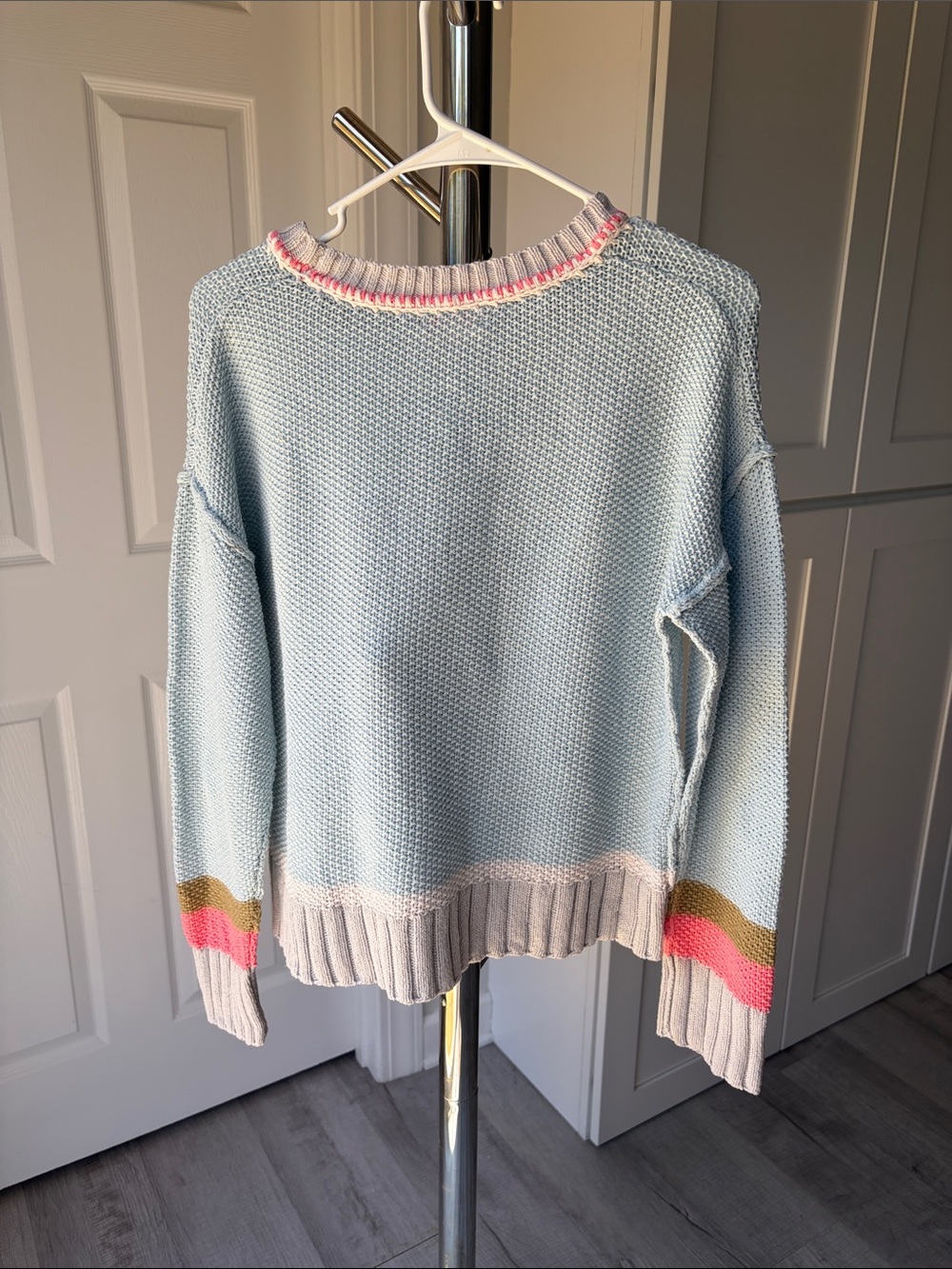 Lisa Todd Light Blue Crewneck Sweater with Pink and Olive Stripes, Size L. - Picture 2 of 15